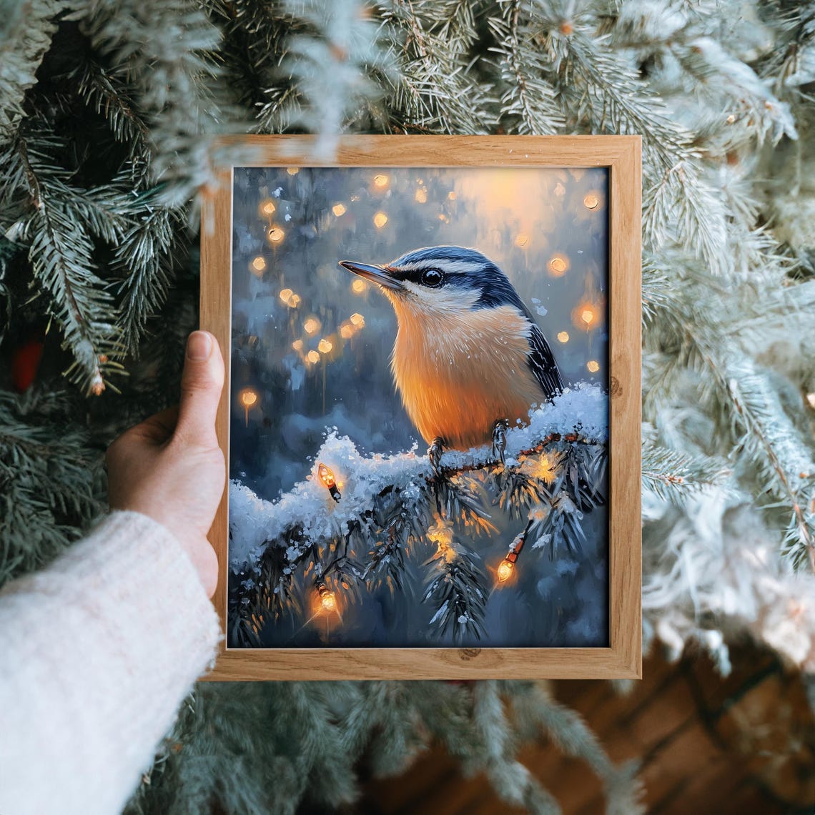 Nuthatch On Snowy Branch With Christmas Lights Festive Bird Poster - Image 6