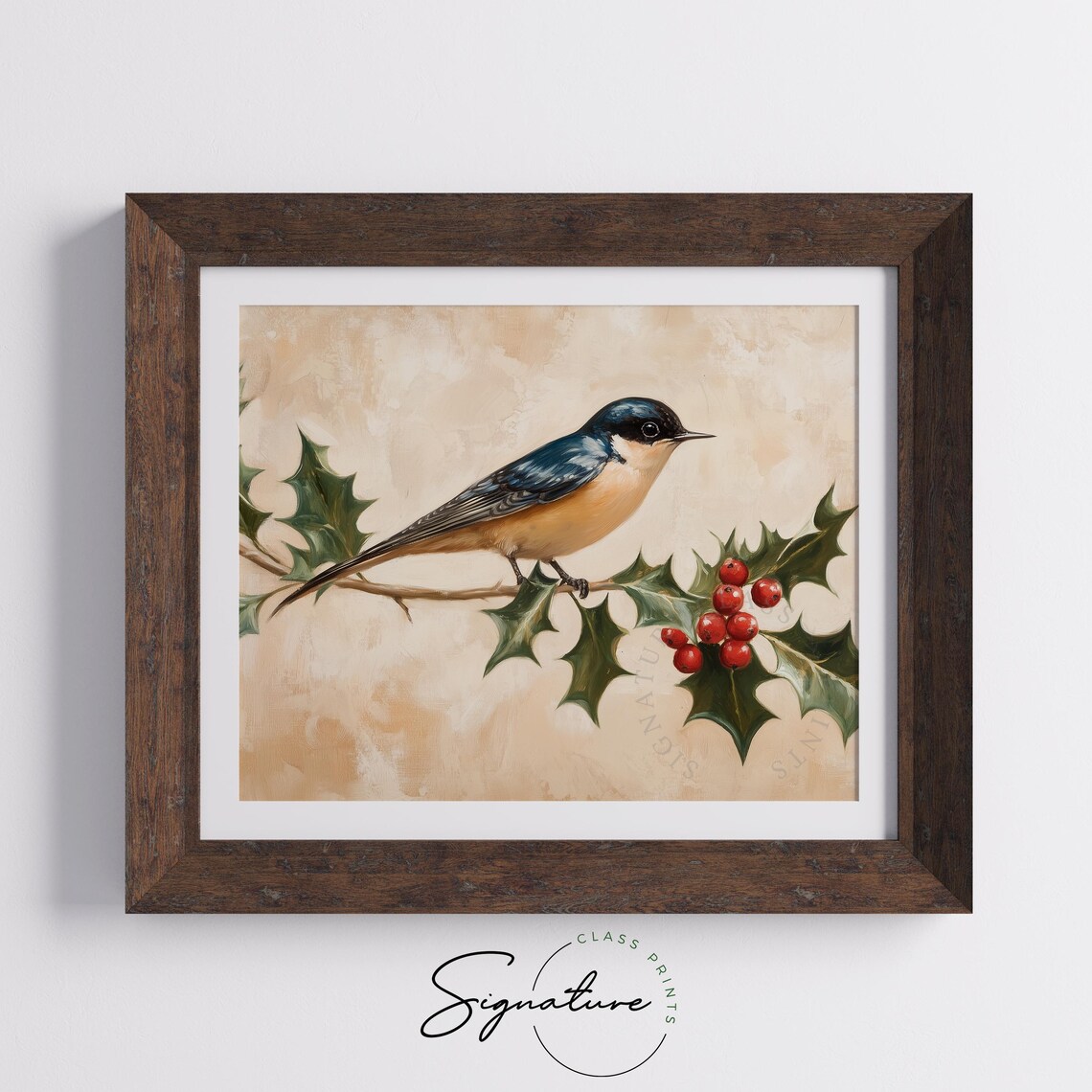 Elegant Barn Swallow With Holly Berries Christmas Bird Art Poster - Image 4