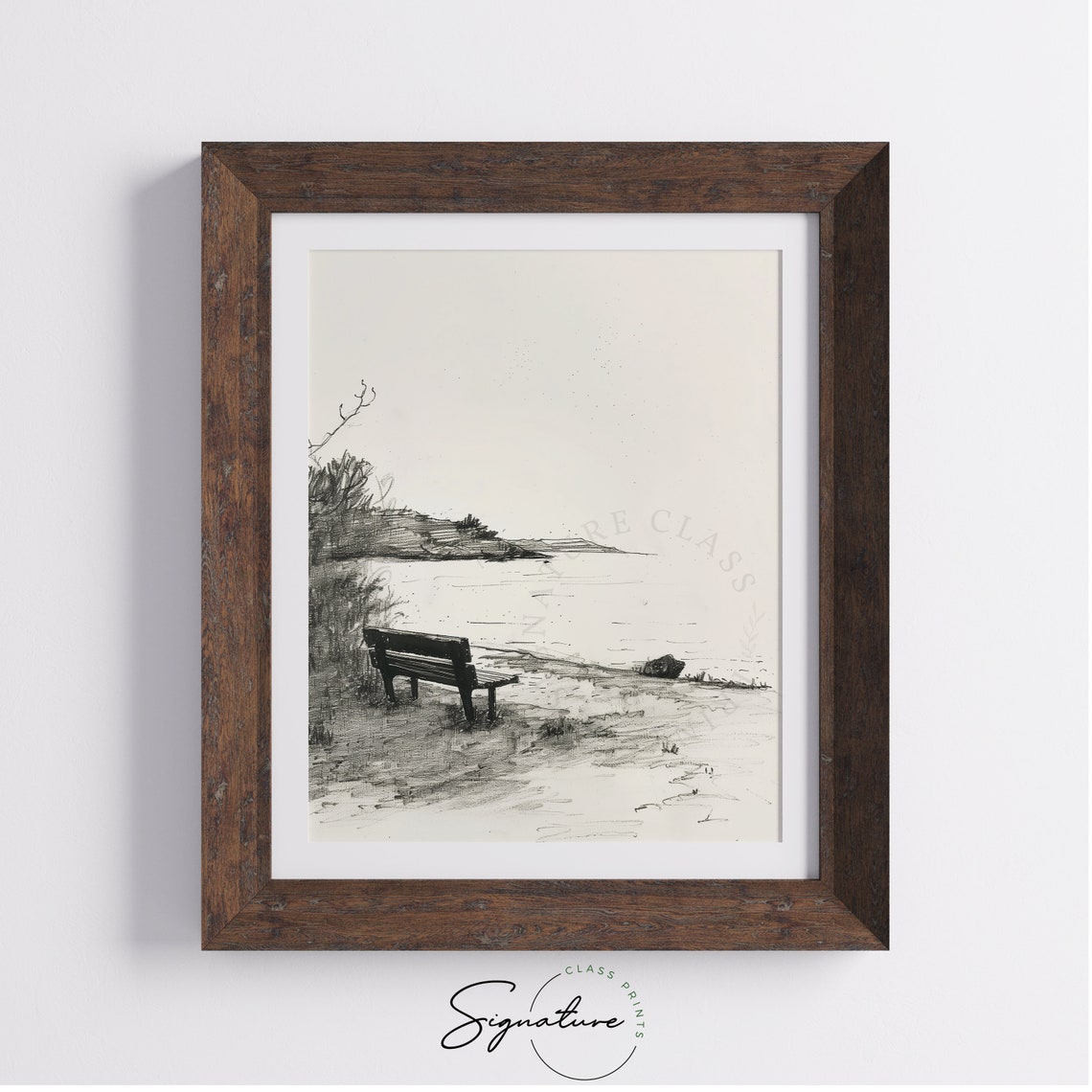 Lakeside Bench Overlooking Calm Cove Tranquil Water Sketch Poster - Image 4