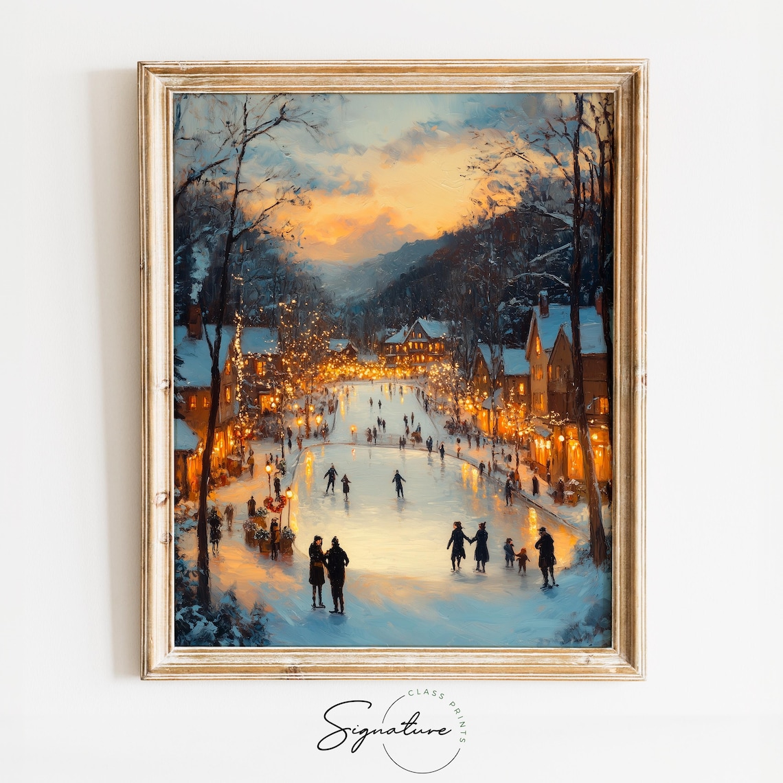 Sunset Ice Skaters on Frozen Pond with Village Lights and Tree Poster