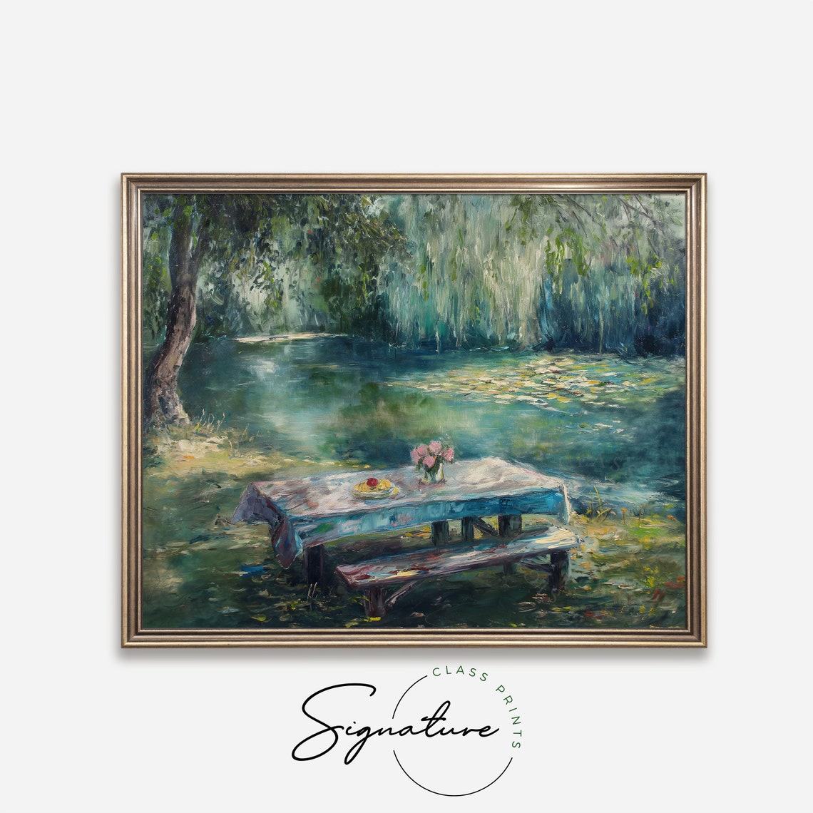 Picnic Table by a Willow Lined Lake Impressionist Summer Poster - Image 4