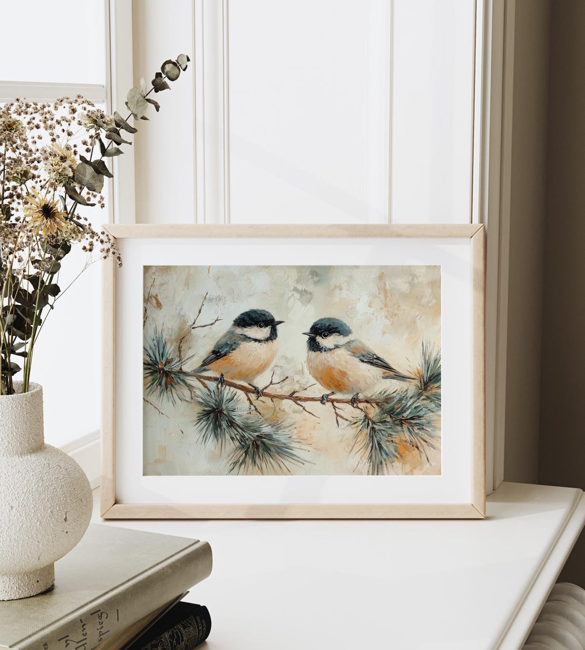 Pair Of Chickadees On A Pine Branch In Warm Winter Tones Poster - Image 6
