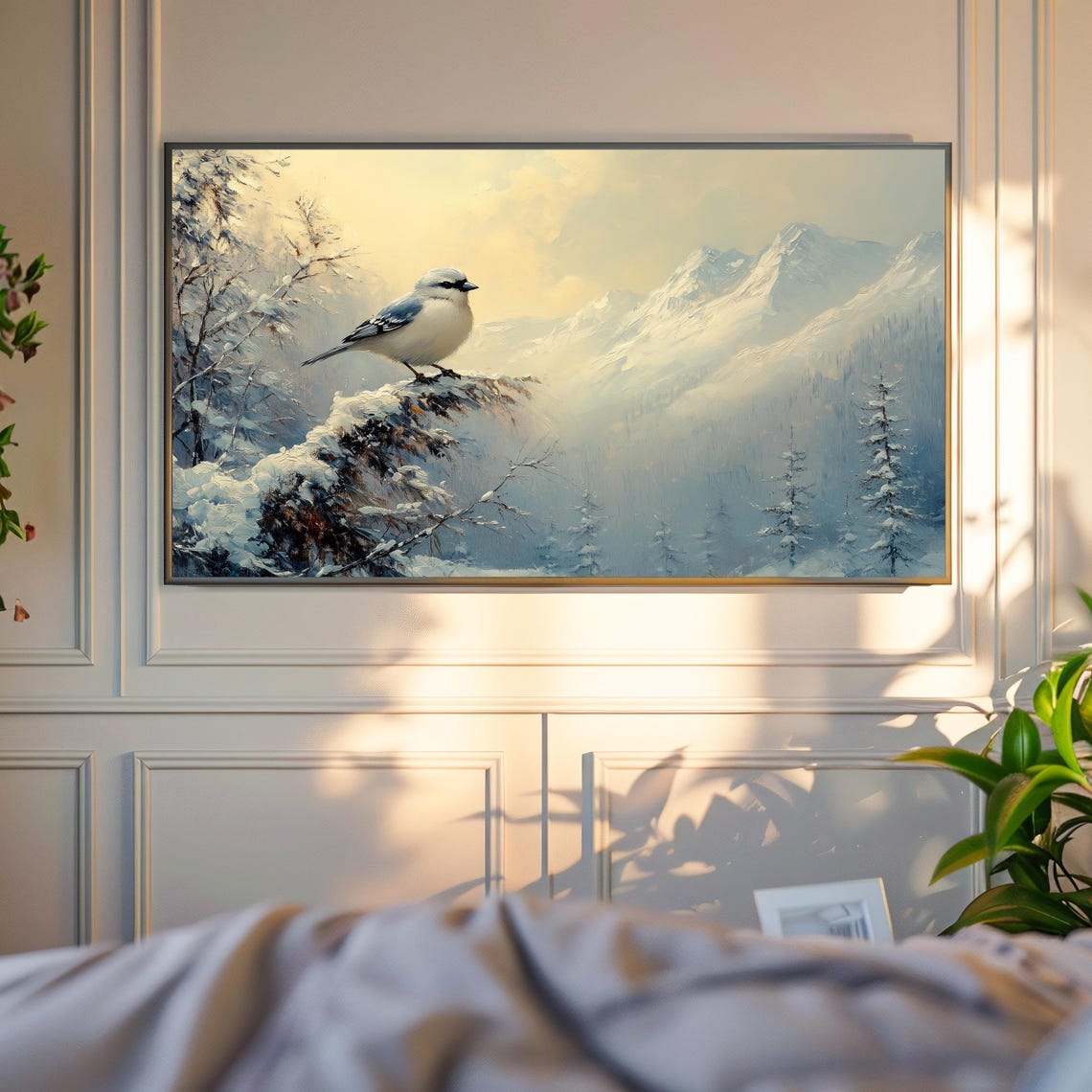 Small Winter Bird On Snowy Pine Branch Mountain Scene Poster - Image 4