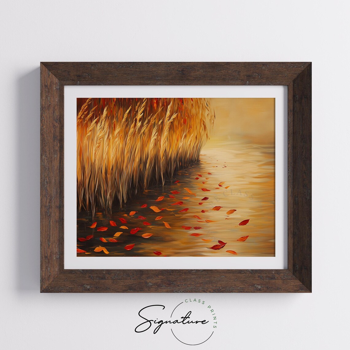 Golden Autumn Reeds By The Water With Floating Leaves Lakeside Poster - Image 5