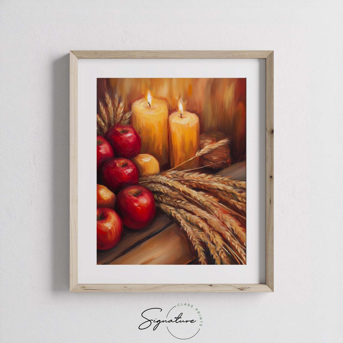 Cozy Autumn Still Life with Red Apples Wheat Sheaves and Candles Poster - Image 3