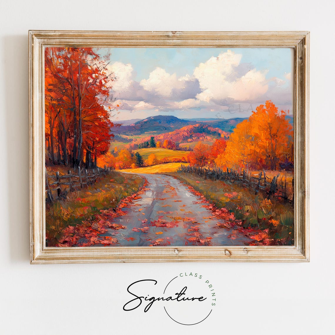 Autumn Lane Red Maples Fallen Leaves Rustic Fences Valley View Poster