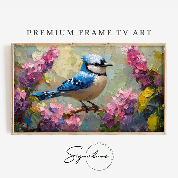 Blue Jay On Lilac Bloom Branch Impasto Colorful Bird Art Poster