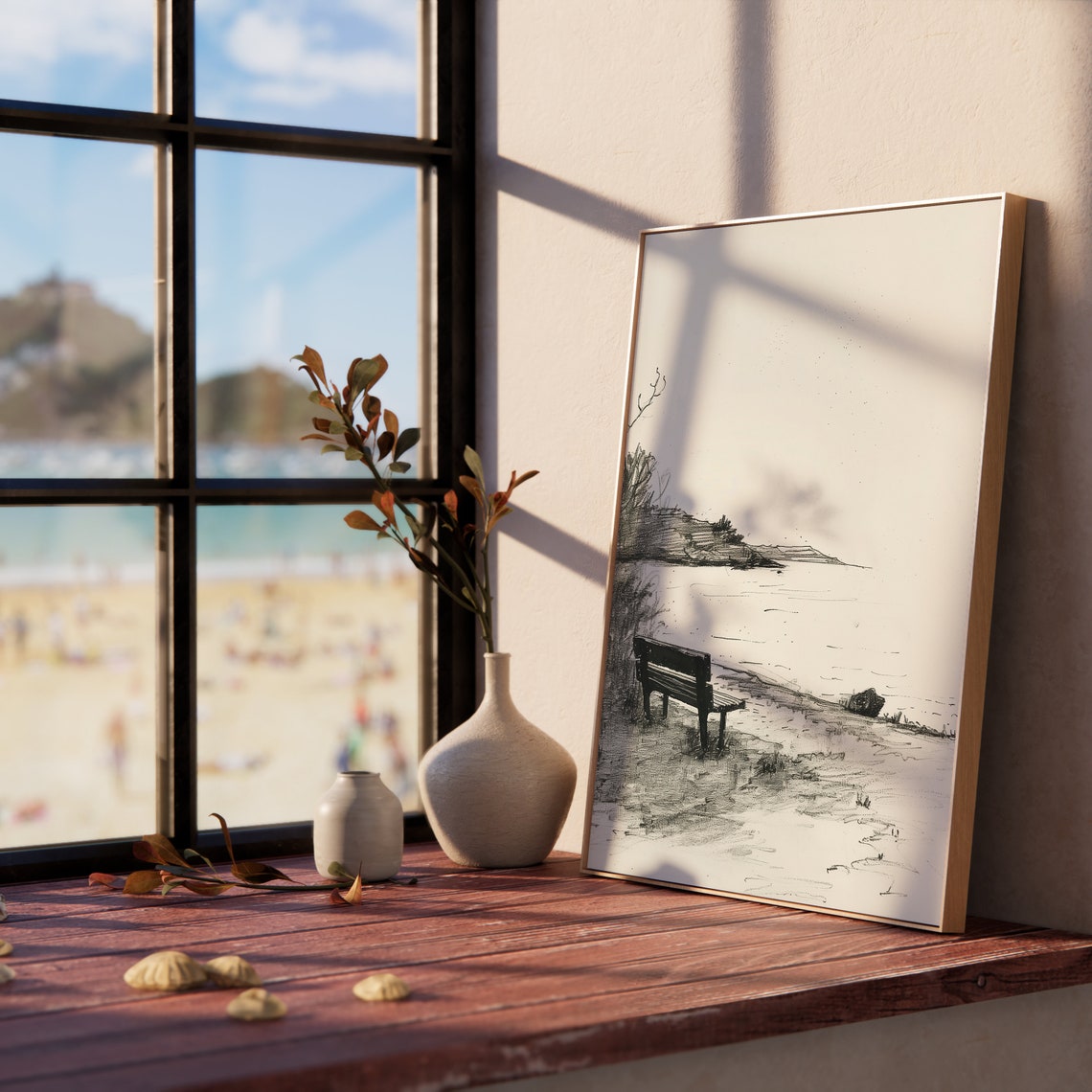 Lakeside Bench Overlooking Calm Cove Tranquil Water Sketch Poster - Image 5
