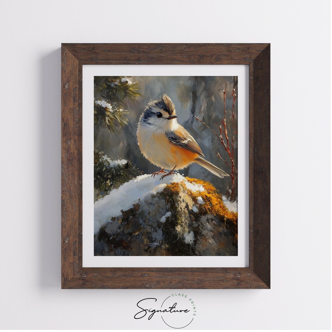 Small Crested Bird on Snowy Rock Winter Wildlife Oil Painting Print - Image 3