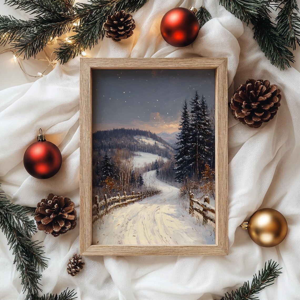 Snowy Scenic Mountain Road at Dusk under Pink Sunset Winter Poster - Image 4