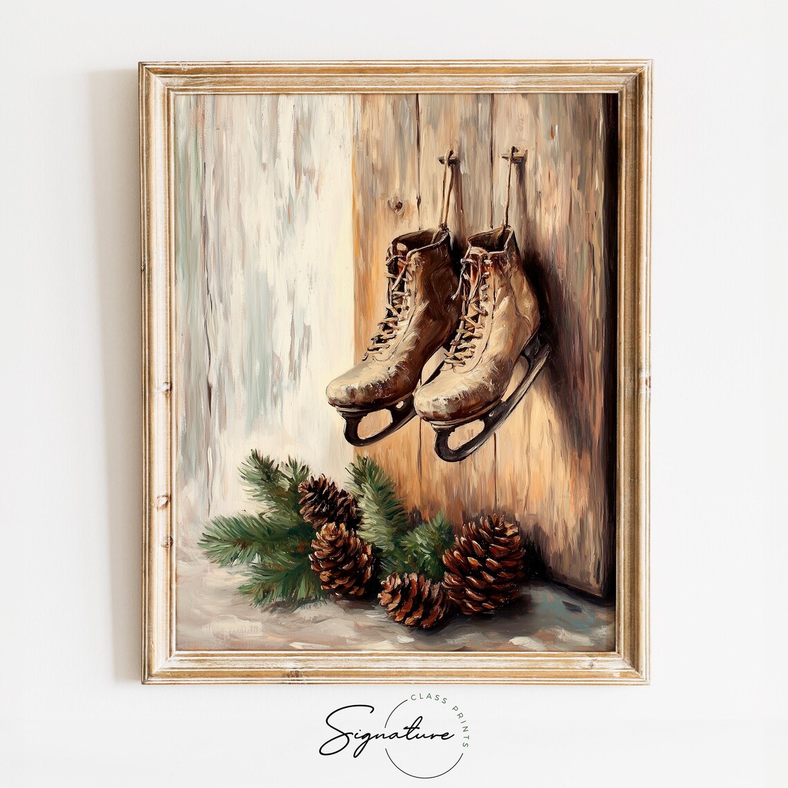 Vintage Ice Skates Hanging on Wooden Wall Winter Oil Painting Print