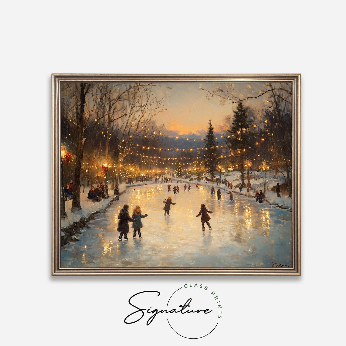 Children Ice Skating At Dusk On A Frozen Park Pond Winter Poster - Image 4
