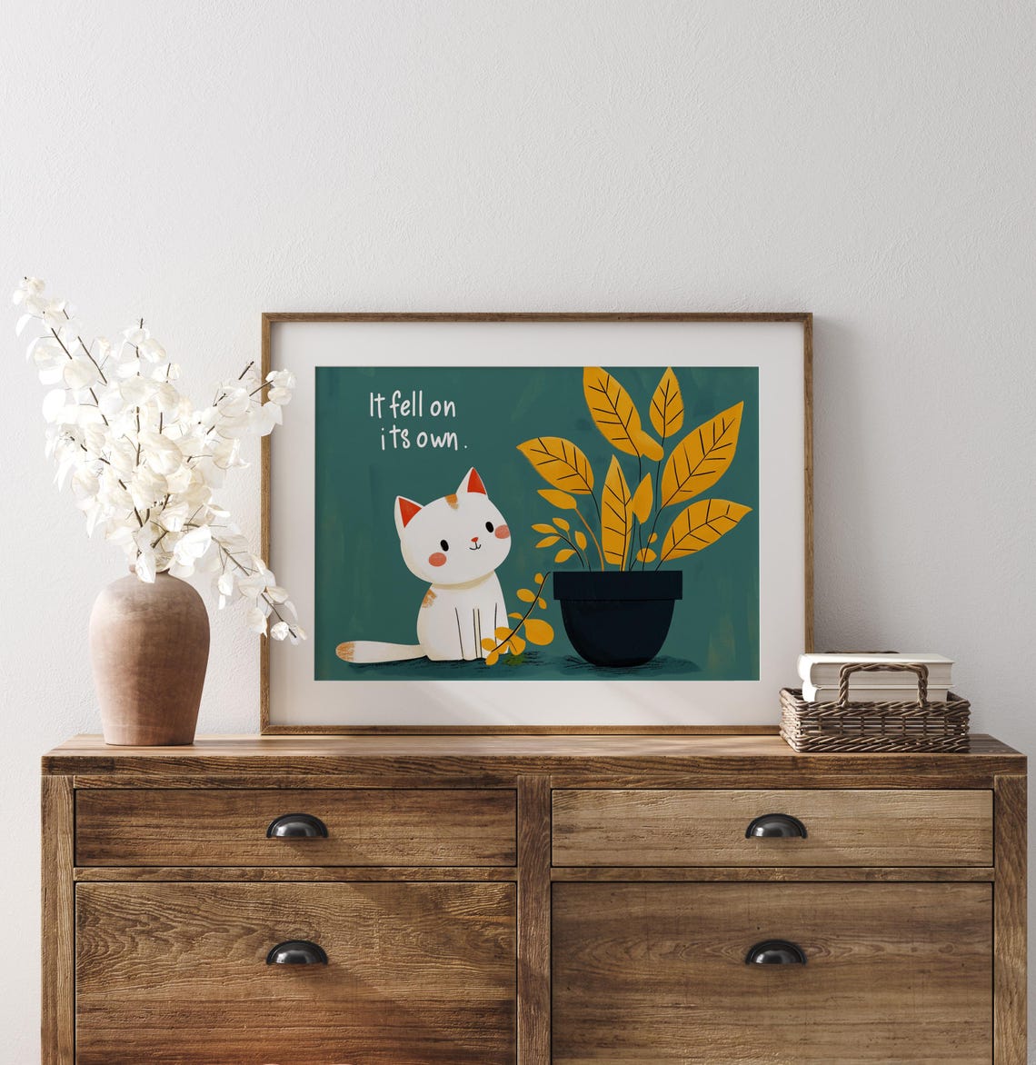 It Fell On Its Own Funny White Cat Plant Denial Cute Teal Wall Art - Image 2