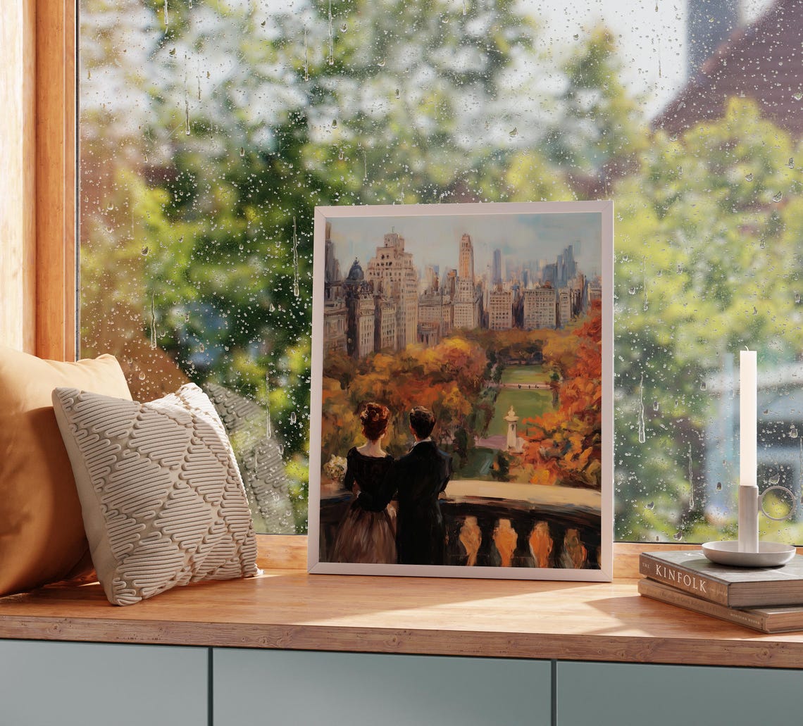 Romantic Couple on a Balcony Overlooking an Autumn City Park Poster - Image 2