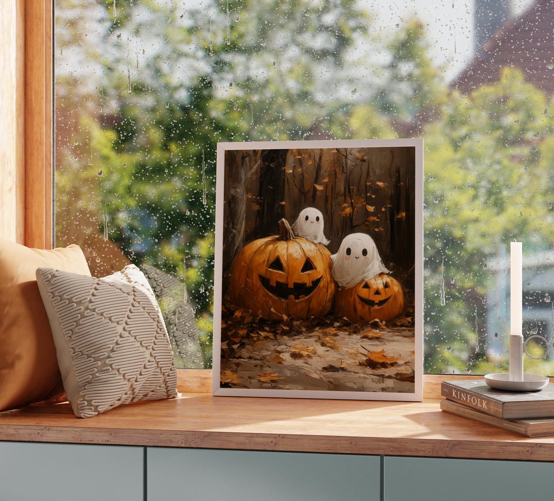 Two Cute Ghosts Jack O Lanterns Pumpkin Patch Halloween Poster - Image 2