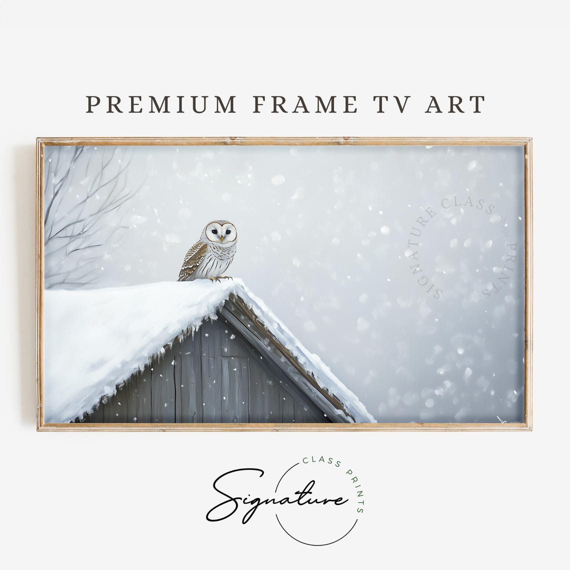 Barred Owl on Snowy Barn Roof Winter Falling Snow Art Poster