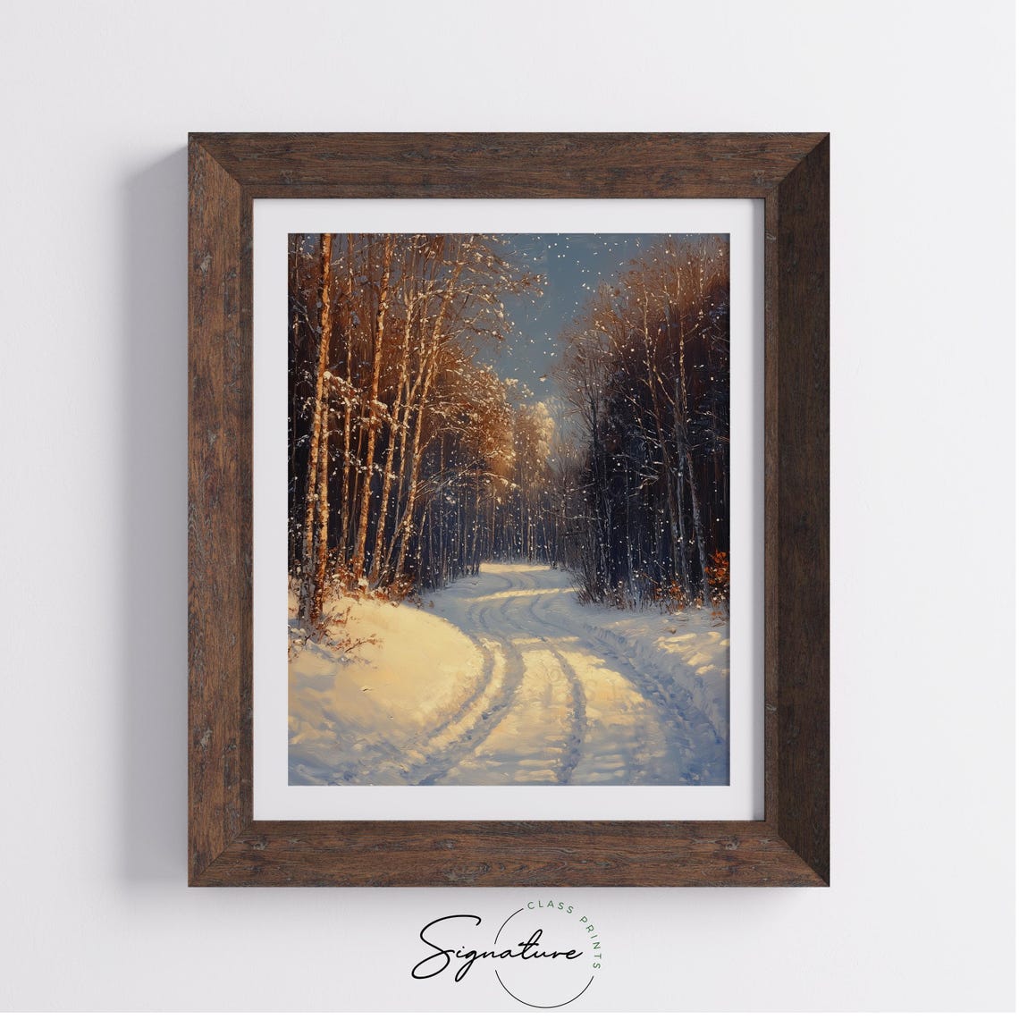 Sunlit Snowy Birch Forest Road in Golden Winter Light Poster - Image 3