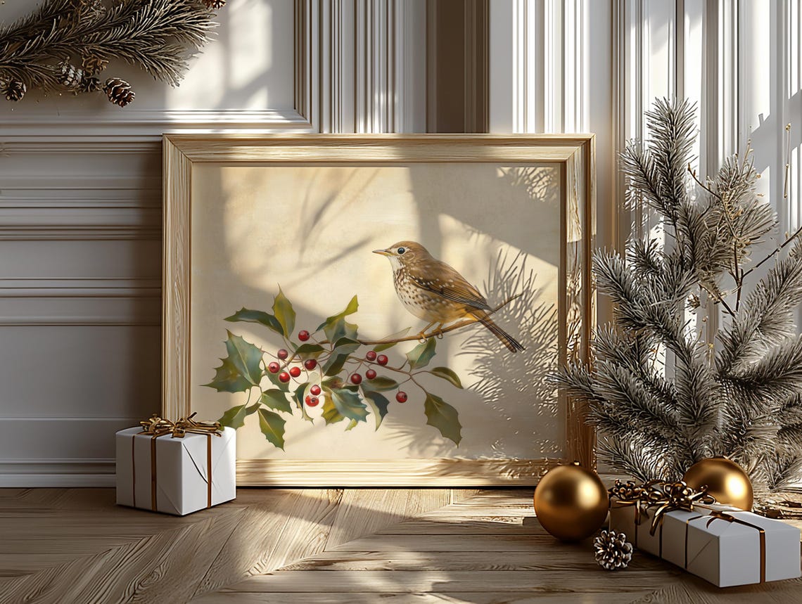 Hermit Thrush on Holly Branch Red Berries Vintage Bird Poster - Image 6