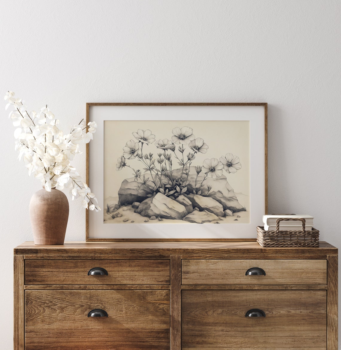 Wildflowers Among Rocks Grayscale Vintage Engraving Style Poster - Image 3