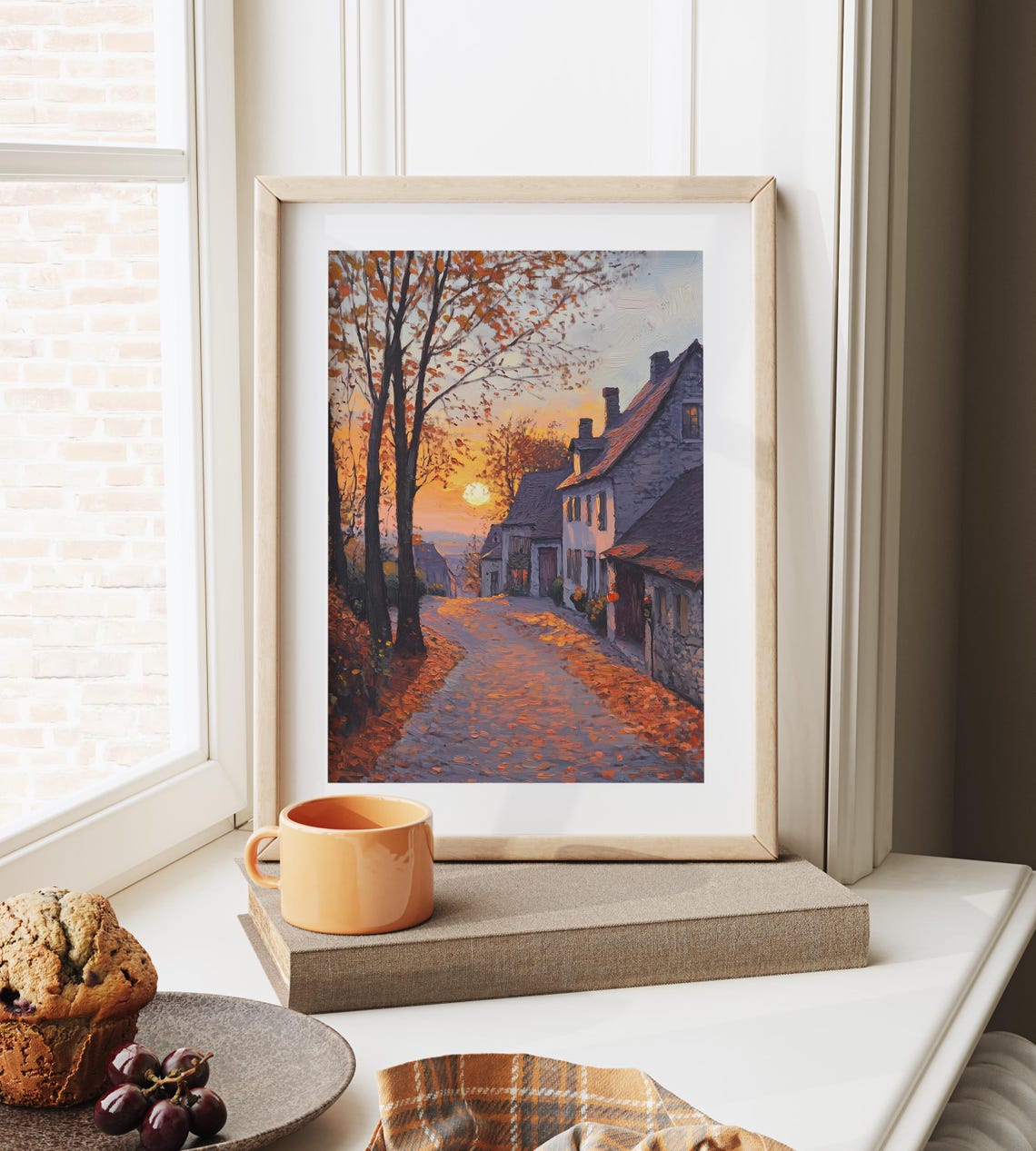 Old Stone Village Street Glowing at Sunset Beneath Autumn Trees Poster - Image 6
