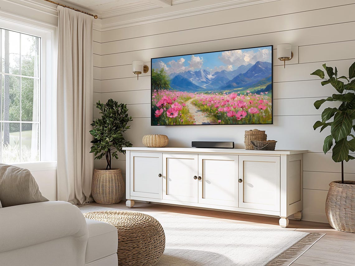 Pink Poppy Field Flower Path Snowy Mountains Spring Scenic Wall Art - Image 5
