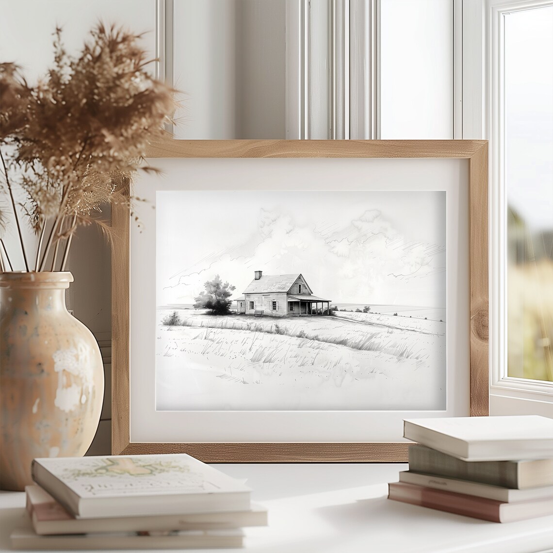Old Farmhouse with Porch Pencil Sketch Rural Countryside Poster - Image 2