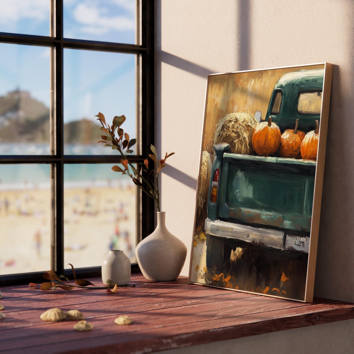 Vintage Green Truck With Pumpkins And Hay Rustic Fall Scene Poster - Image 5