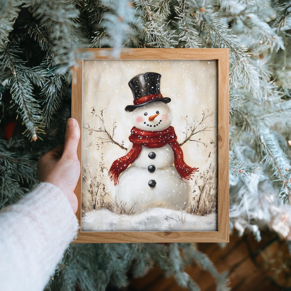 Cheerful Snowman with Red Scarf and Top Hat in Falling Snow Poster - Image 6