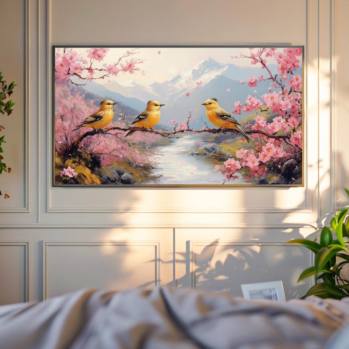 Three Golden Songbirds On Blossom Branch Mountain River Poster - Image 4