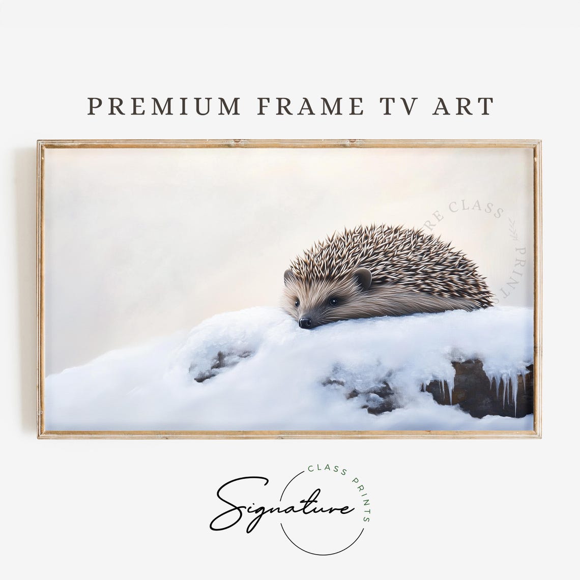 Hedgehog Resting on Snowy Log with Icicles Winter Art Poster