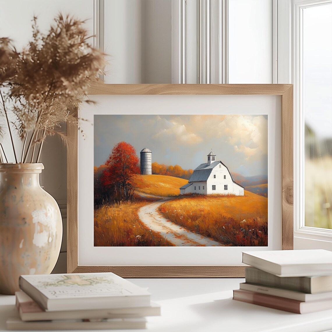 White Barn And Gray Silo On Golden Hill Winding Country Path Poster - Image 2