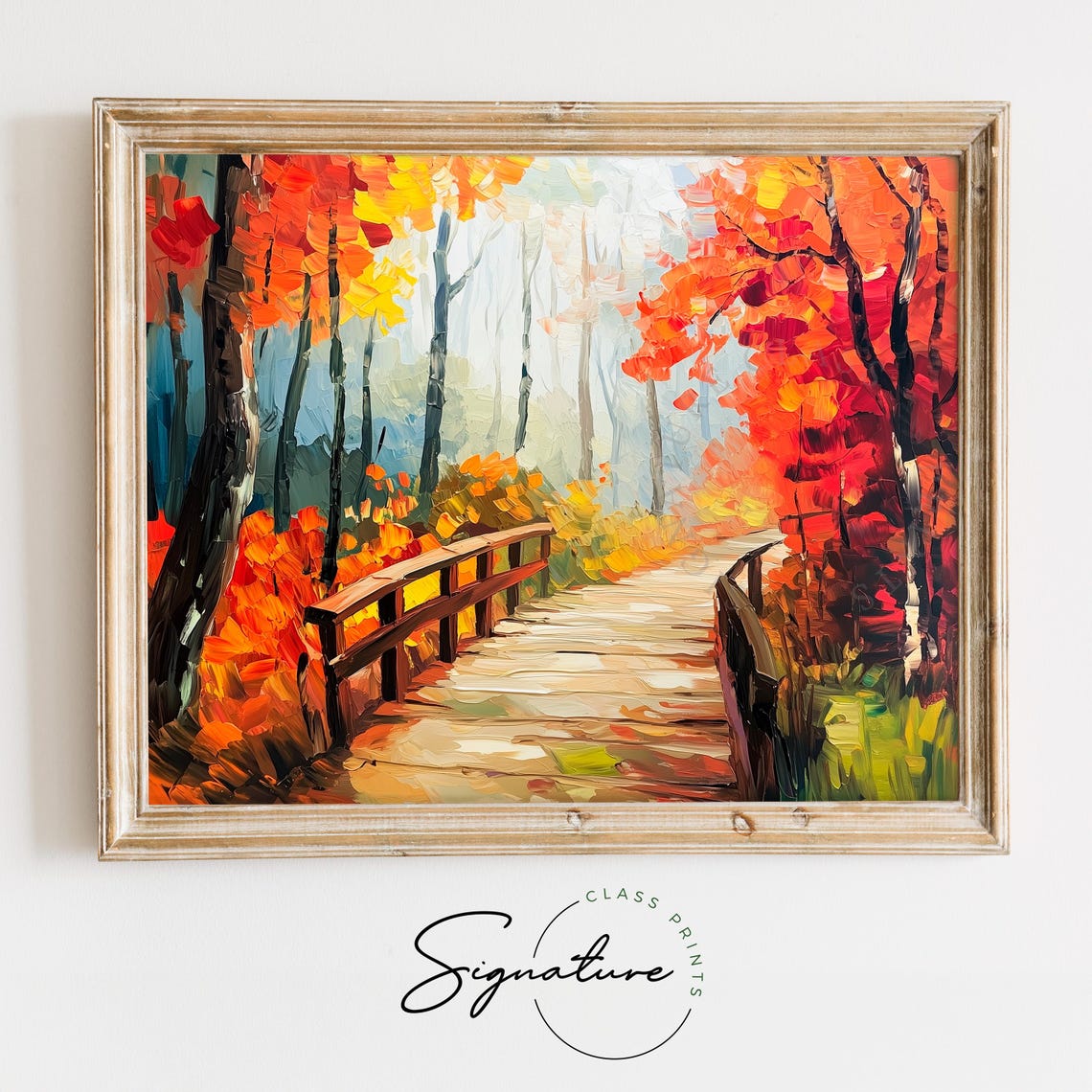 Wooden Footbridge In Misty Autumn Forest Fall Trail Scene Poster