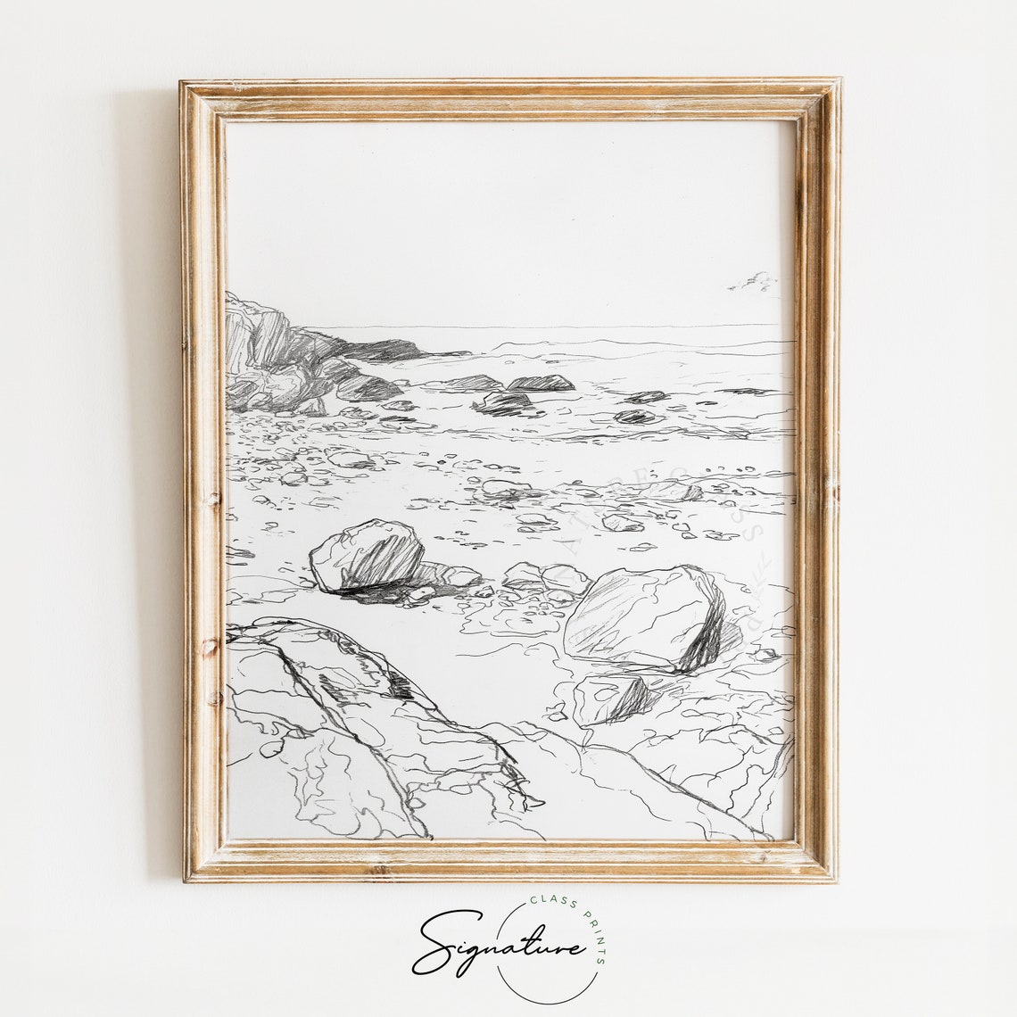 Rocky Shoreline At Low Tide Beach Coastal Line Sketch Poster Art
