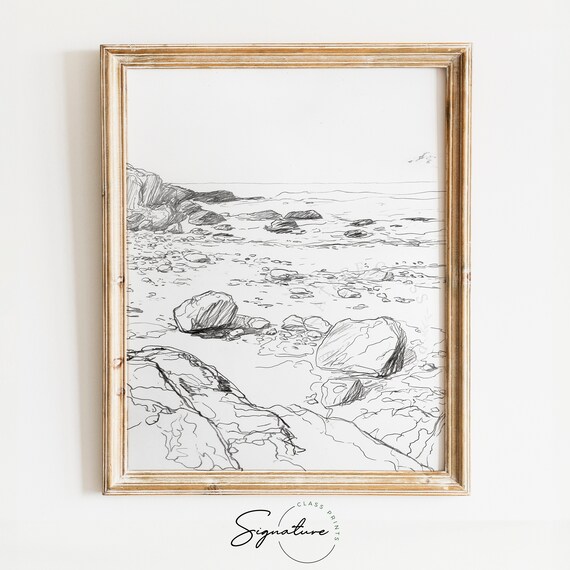 Rocky Shoreline At Low Tide Beach Coastal Line Sketch Poster Art