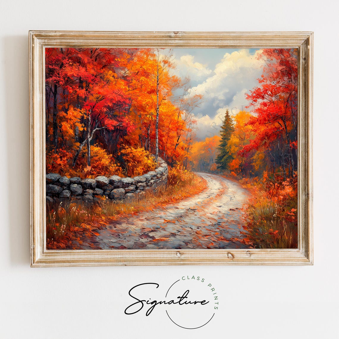 Stone Wall Country Road Crimson Maple Autumn Woods Painting Print