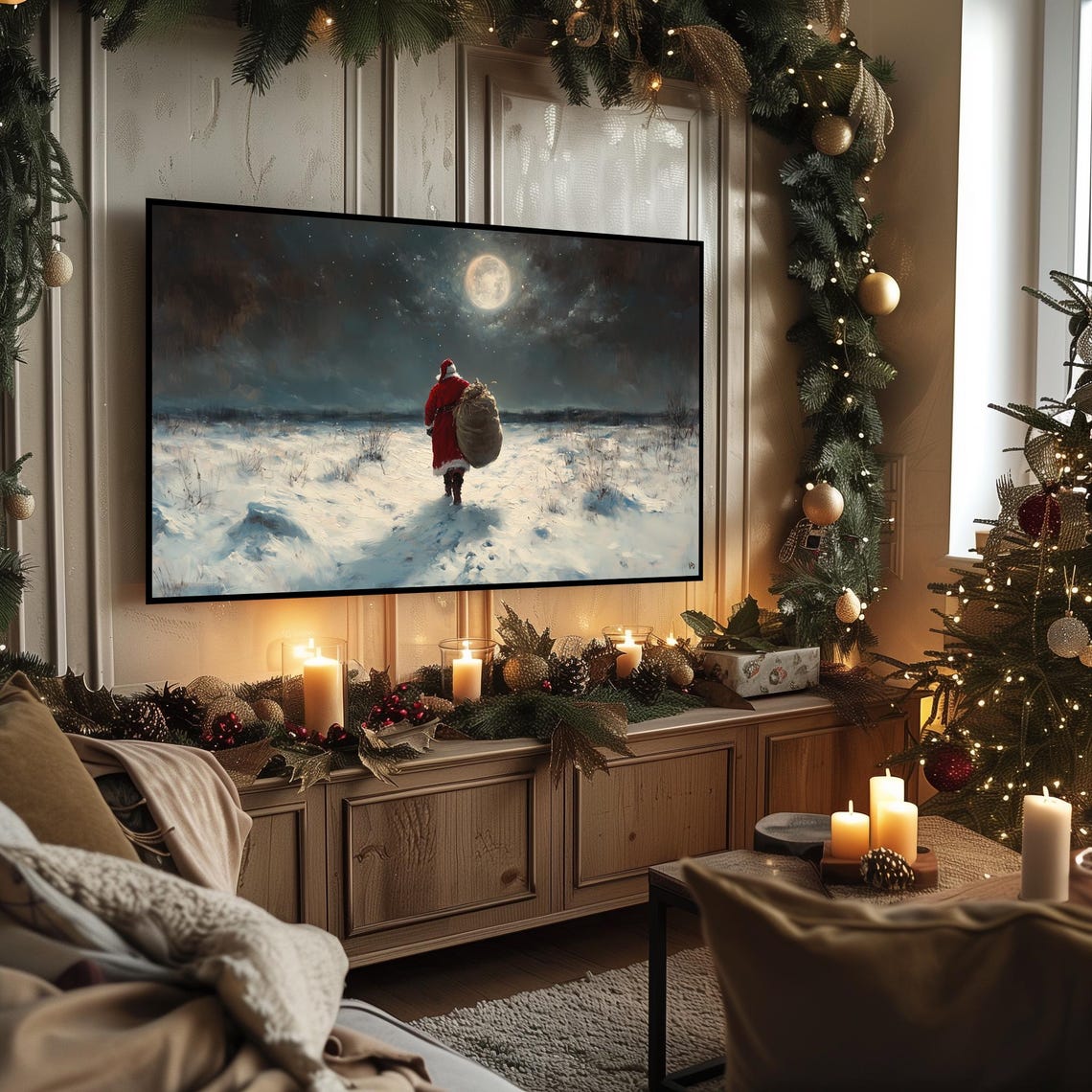 Santa Walking Under Full Moon Moonlit Snowy Field Gift Sack Poster - Image 3