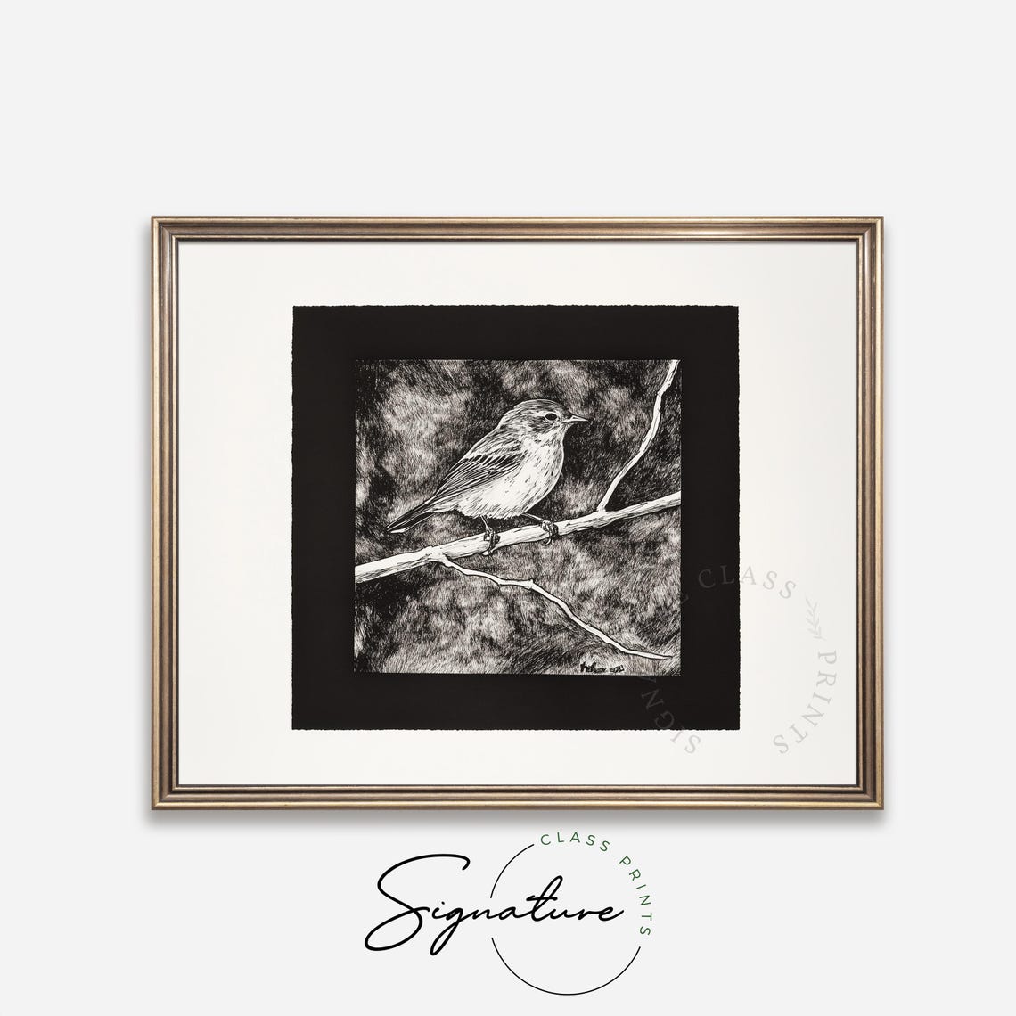 Songbird On Branch Dark Background Rustic Black And White Poster - Image 4