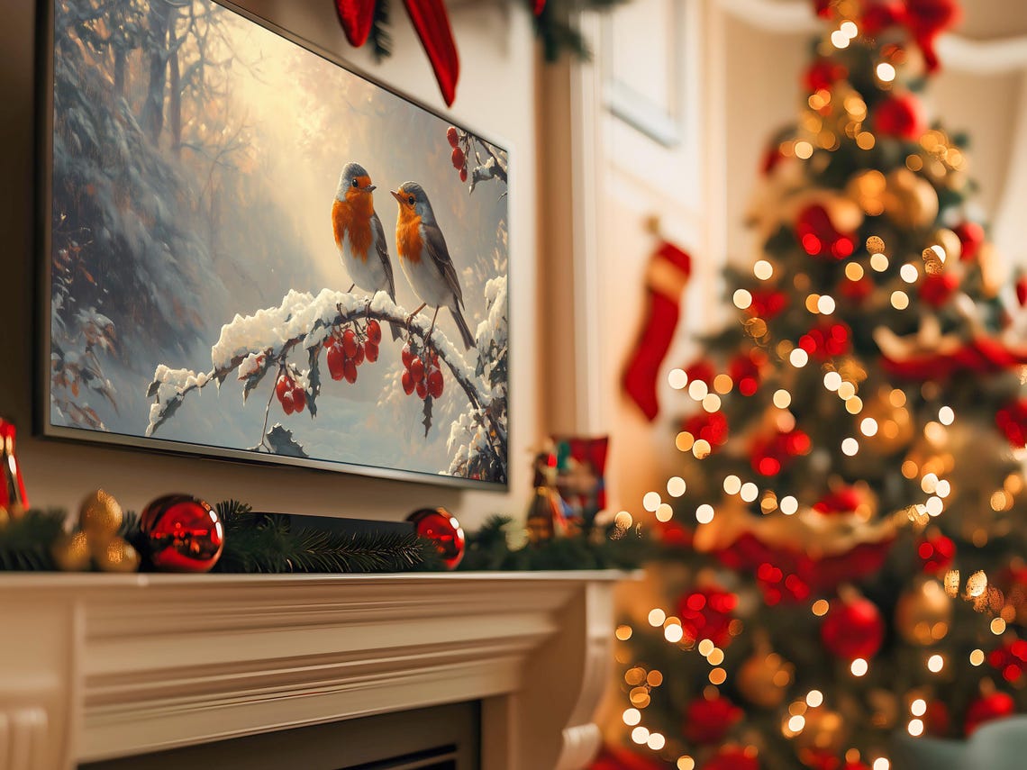 Two Robins on Snowy Holly Branch With Red Berries Christmas Poster - Image 5