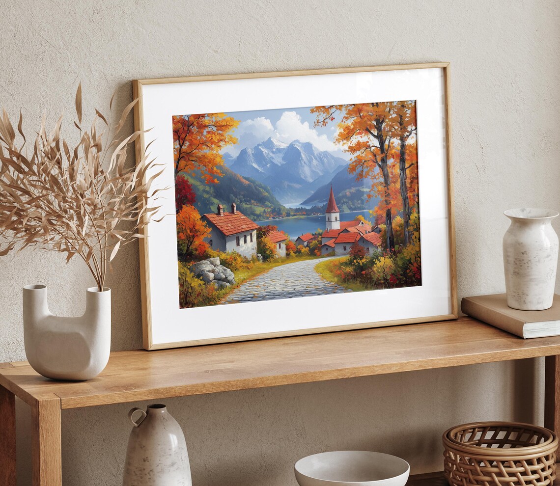 Alpine Village Autumn Lane Mountain Lake Chapel Fall Landscape Wall Art - Image 4
