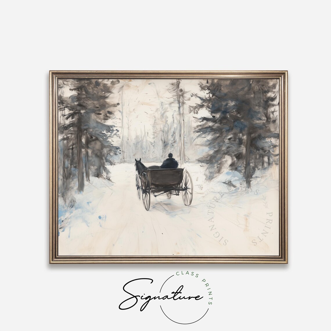 Horse Drawn Wagon In Snowy Woods Soft Watercolor Winter Scene Poster - Image 4