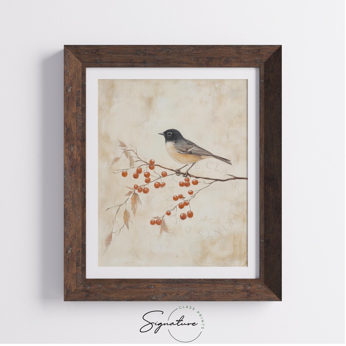 Chickadee Red Berry Branch Cream Vintage Winter Bird Painting Poster - Image 2