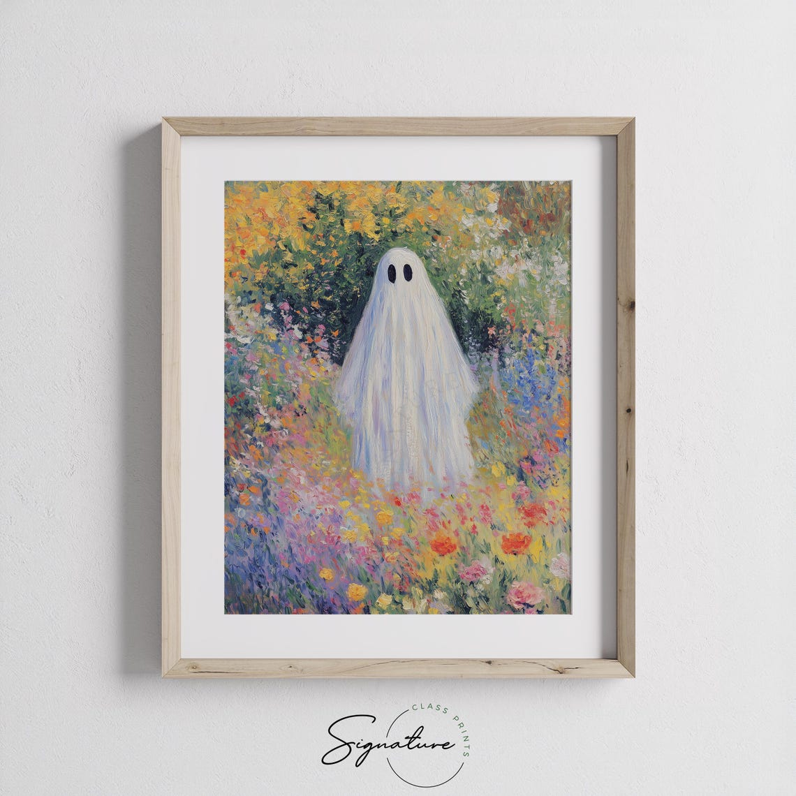 Cute White Ghost Colorful Wildflower Field Halloween Art Poster - Image 3