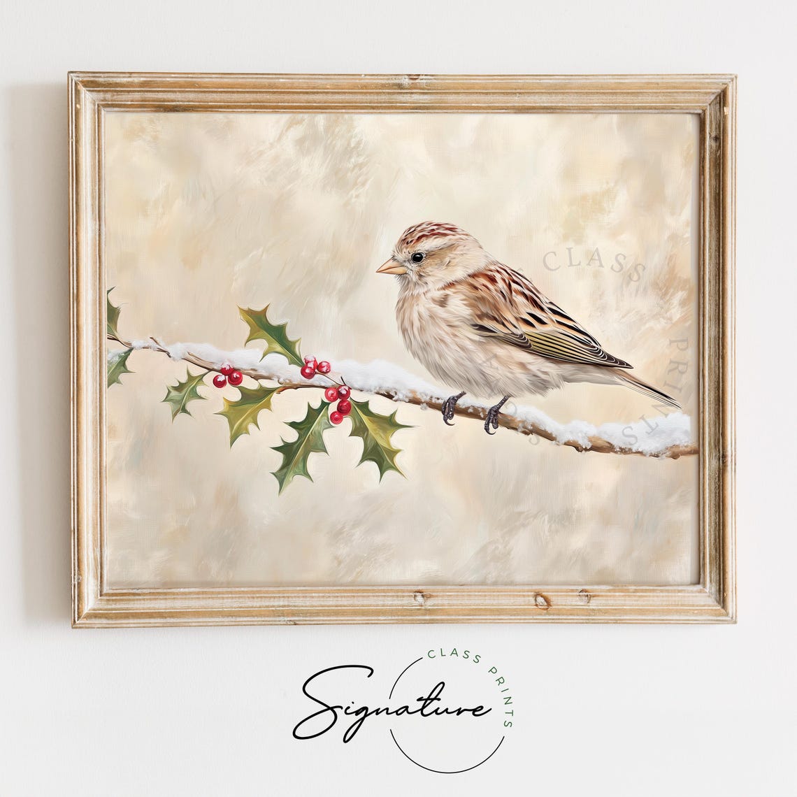 Crimson Redpoll On Snowy Birch Branch With Red Berries Winter Print