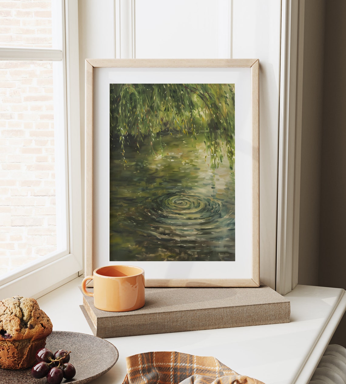 Green Willow Branches Sweeping Over Rippling Pond Water Art Poster - Image 6