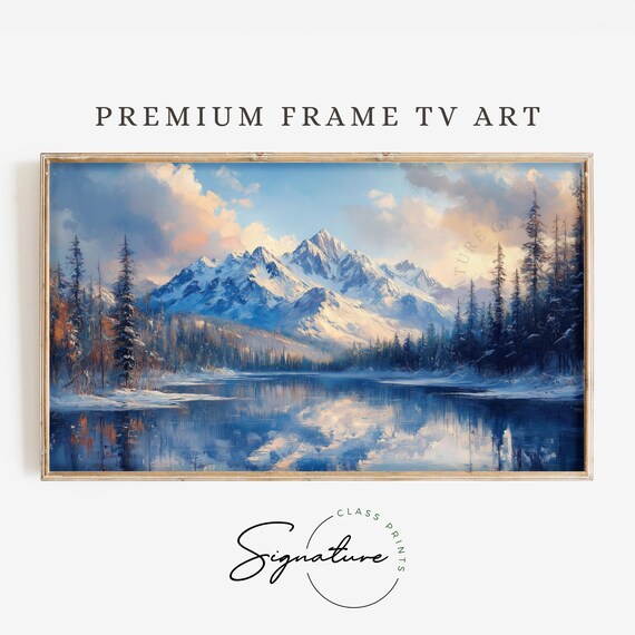 Snow Capped Peaks Over Still Mountain Lake Pine Forest Winter Art Poster