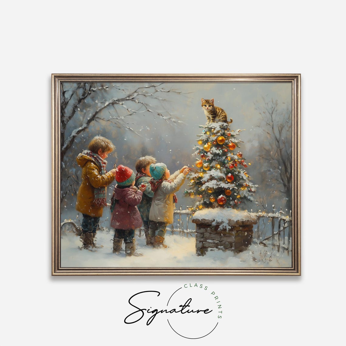 Children Decorating A Snowy Outdoor Christmas Tree With Kitten Poster - Image 4