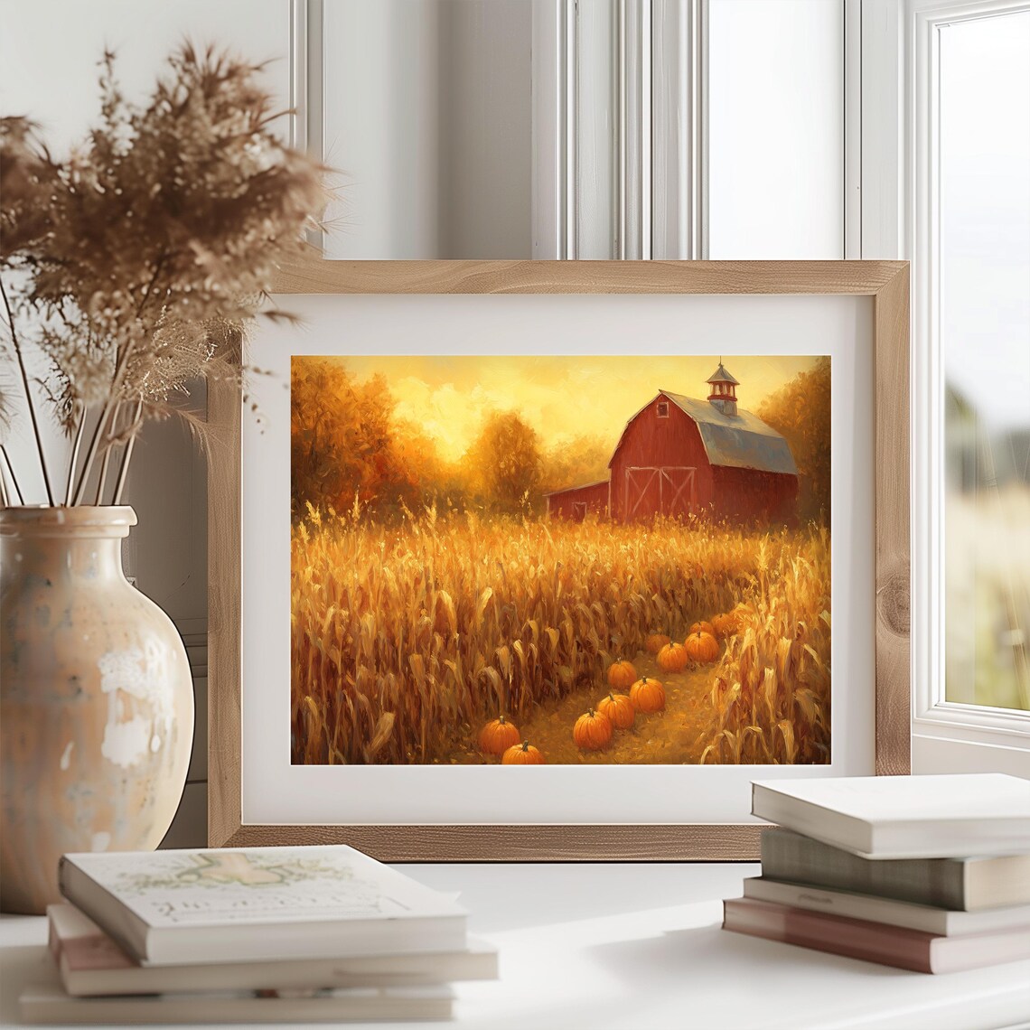 Red Barn Sunset Painting Golden Cornfield Pumpkins Autumn Fall Decor Poster - Image 2