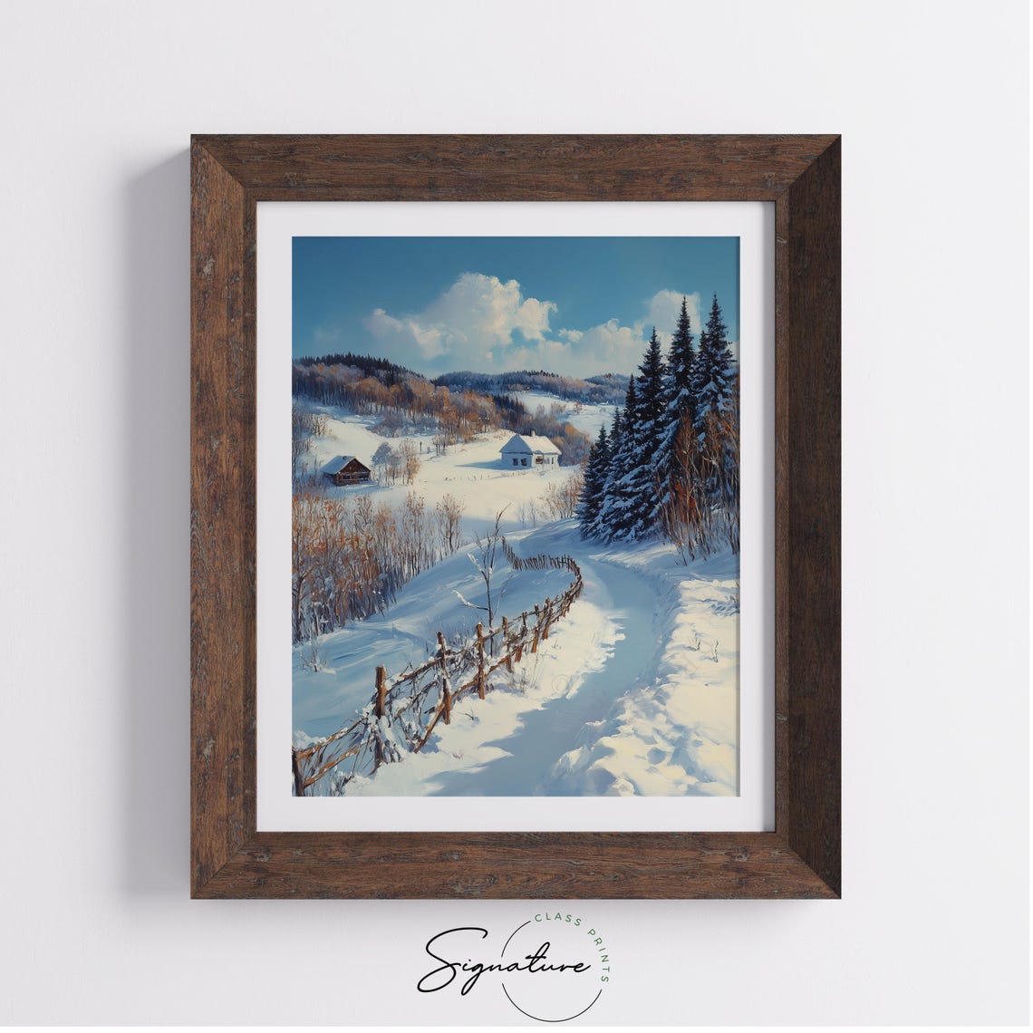 Snowy Hillside Cabin With Rustic Fence Under Winter Blue Sky Poster - Image 3