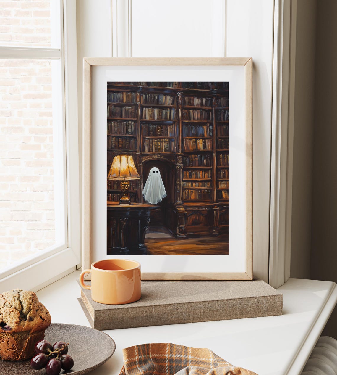 Cute Ghost Grand Library Vintage Bookshelves Lamp Glow Poster - Image 6