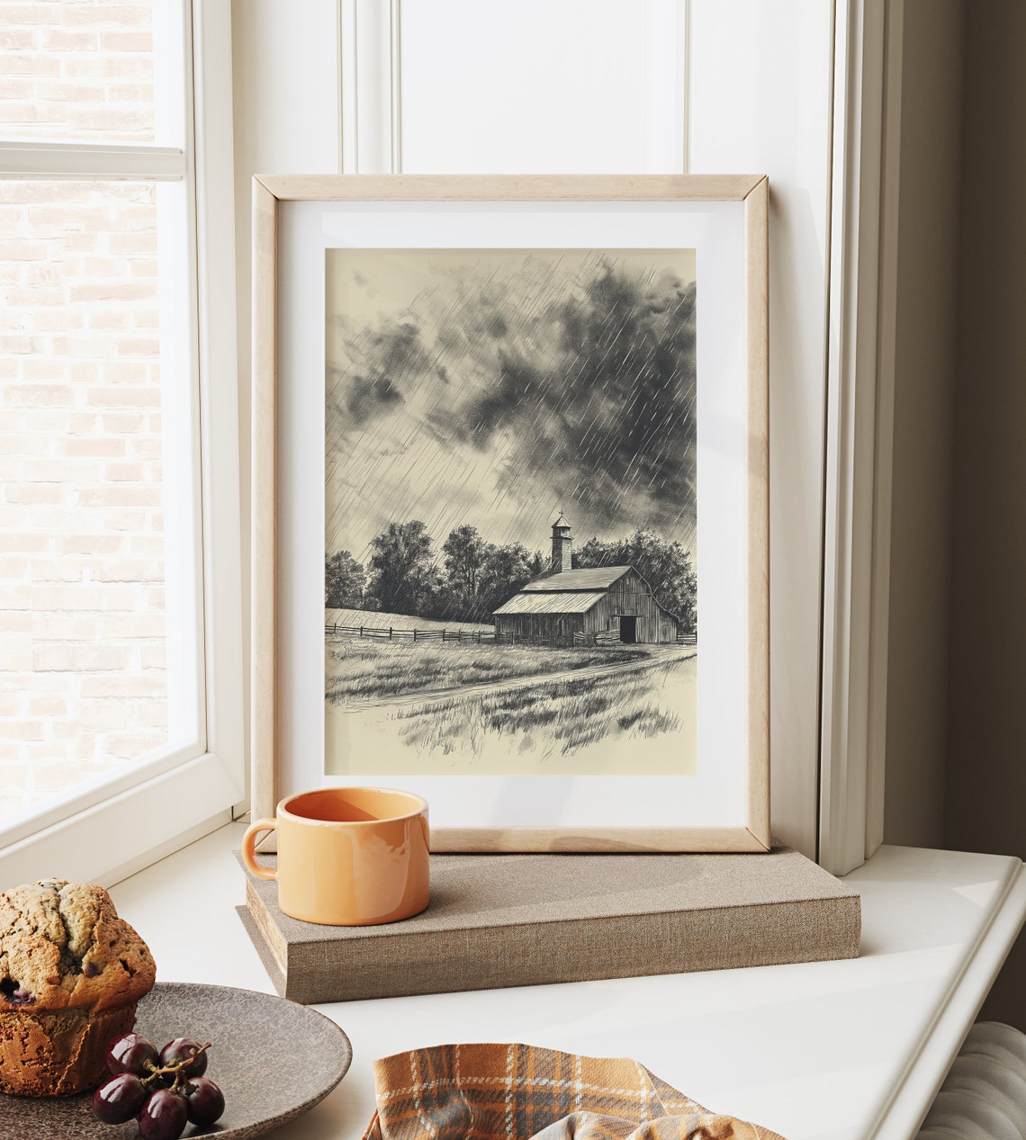 Storm Clouds Over Barn In Rain Vintage Farm Sketch Poster Art - Image 6